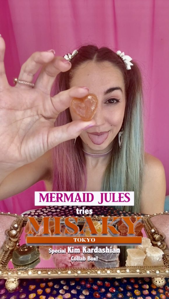 Mermaid Jules tries Misaky Tokyo Vegan, gluten-free crystal treats - Special Kim Kardashian Collab box.