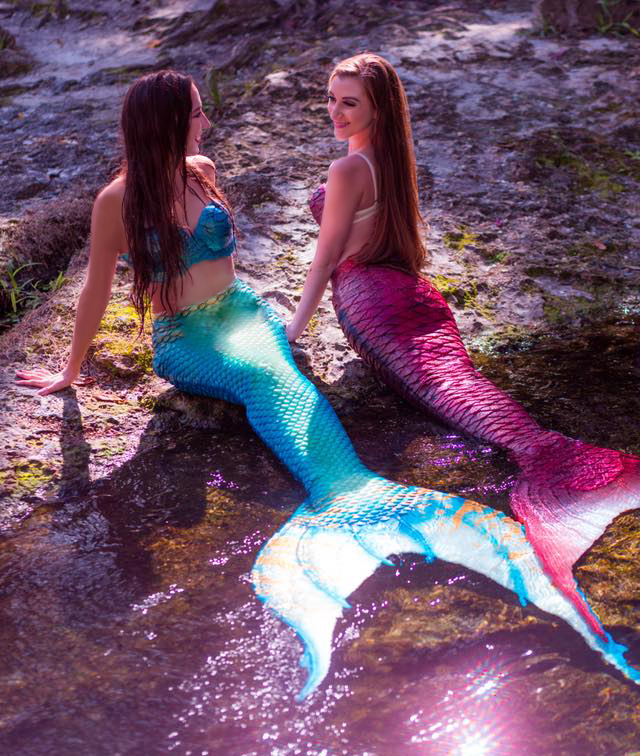 Mermaid friends chatting in a stream - mermaid tail modeling with a friend