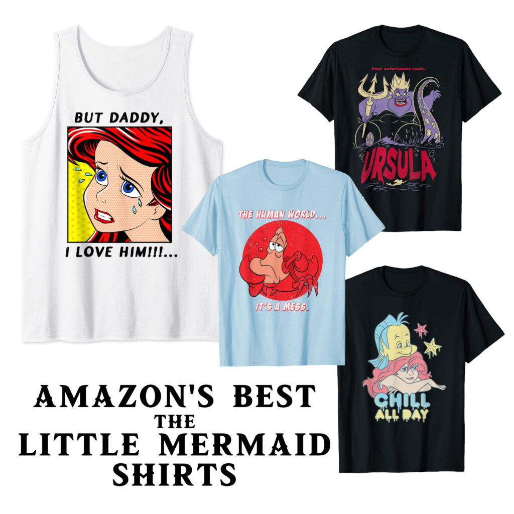 The best Disney 'The Little Mermaid' Shirts on Amazon, featuring: Ariel, Sebastian, Flounder, Ursula and other movie characters.