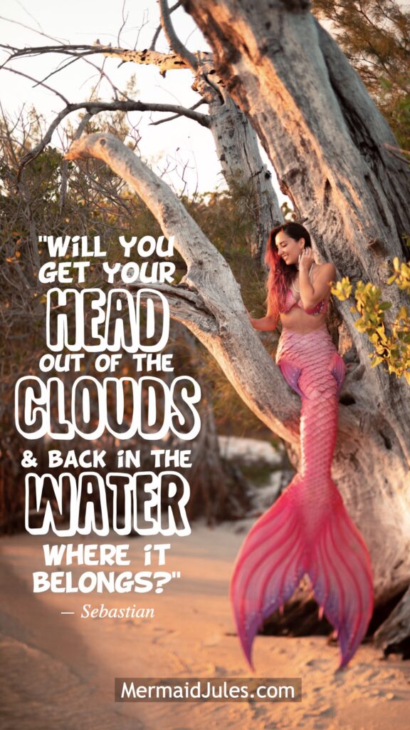 Will you get your head out of the clouds and back in the water where it belongs? - Sebastian, DisneyThe Little Mermaid Quote featuring Mermaid Jules sitting in a tree.