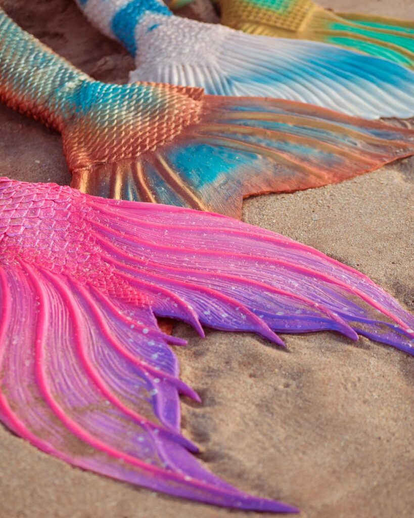 A close up on Mermaid Jules's pink mermaid tail in the sand. Other colorful tails are behind it.