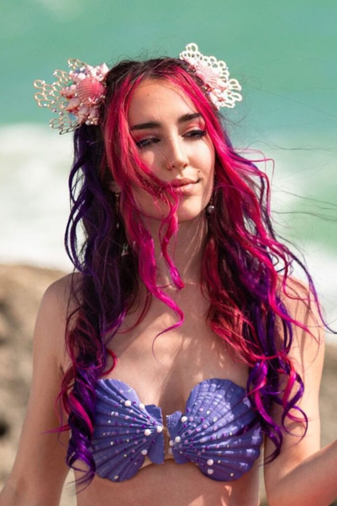 mermaid hair pink money piece with purple ombre