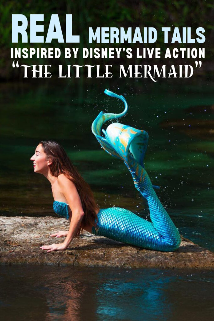 Real Mermaid Tails inspired by Disney's movie: The Little Mermaid Live Action - A Blue mermaid sits on the bank and splashes with her mermaid tail.