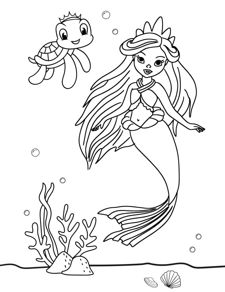 printable mermaid coloring pages - cute mermaid with sea turtle
