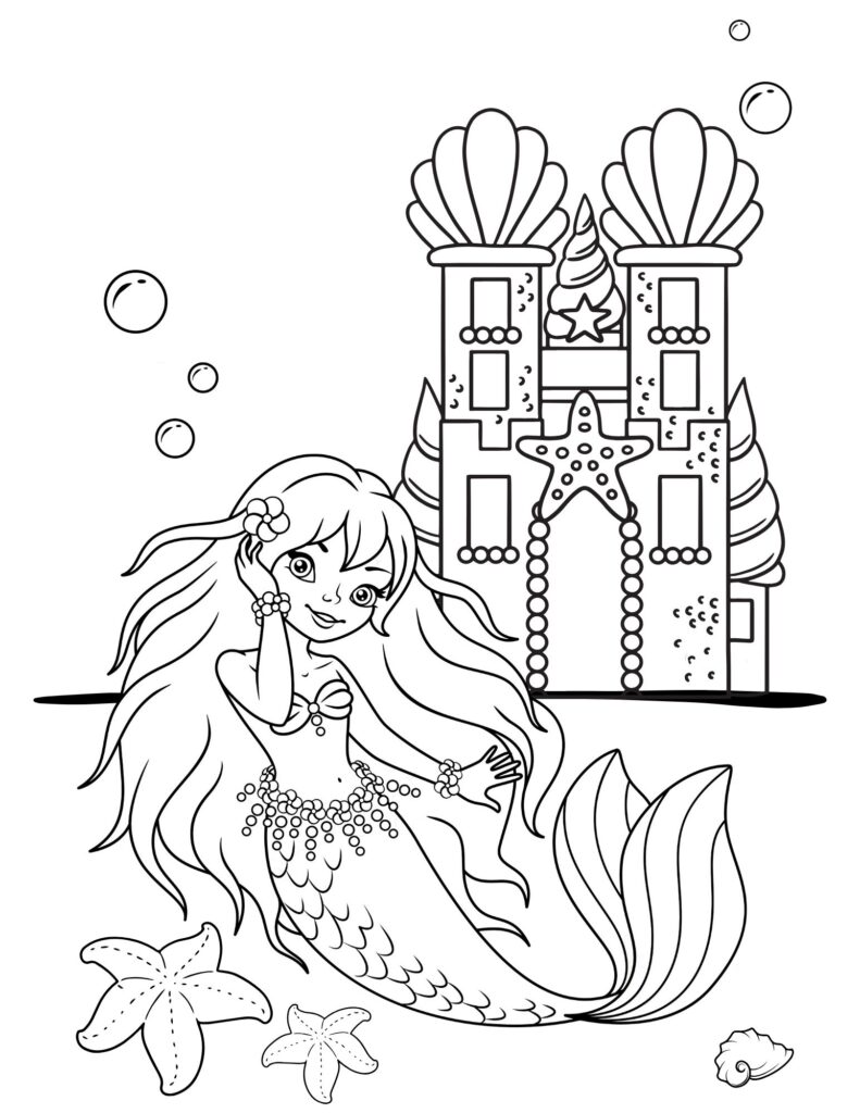 Free printable mermaid coloring pages - pretty mermaid with castle