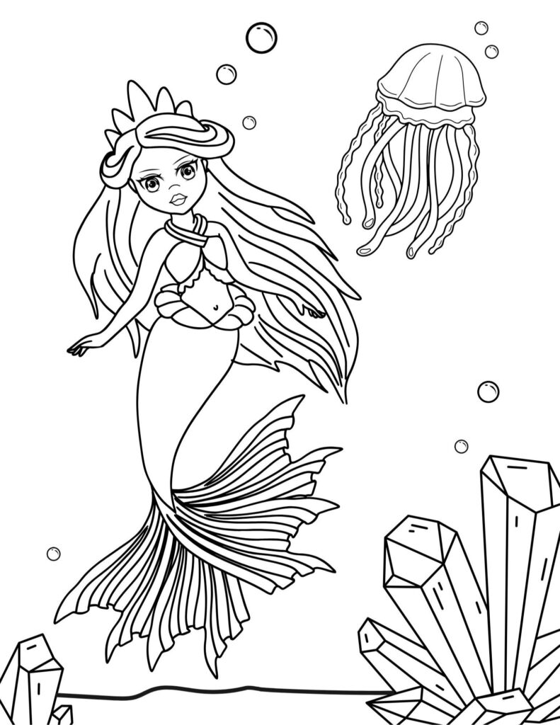 printable mermaid coloring pages- jellyfish & crystal mermaid
