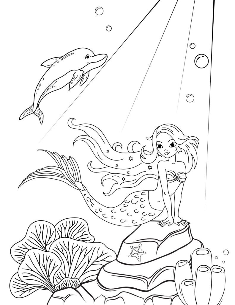 printable mermaid coloring pages- dolphin & coral reef mermaid