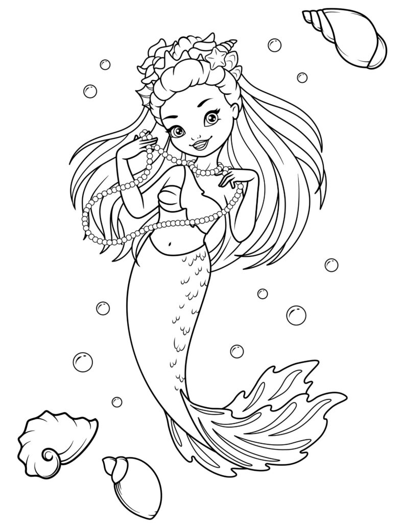 Free printable mermaid coloring pages - pretty pearl princess mermaid with seashells
