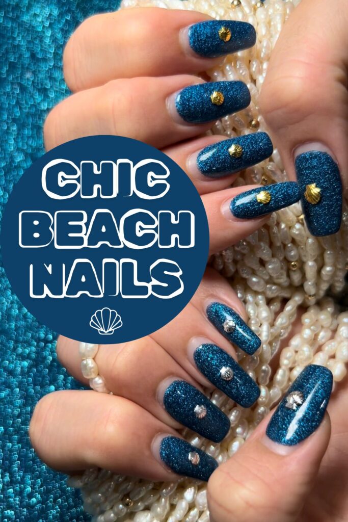 Chic beach nails - Sparkly blue like the ocean with seashell nail charms