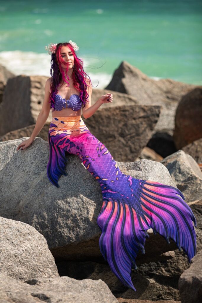 Finfolk Ambassador Mermaid Jules models the "All Hallows Eve" mermaid tail, photographed by The Storey