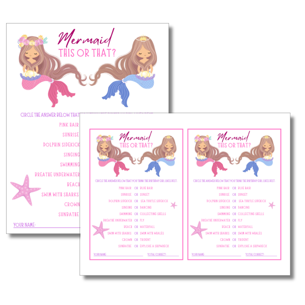 Mermaid This or That Printable Party Game Activity less ink