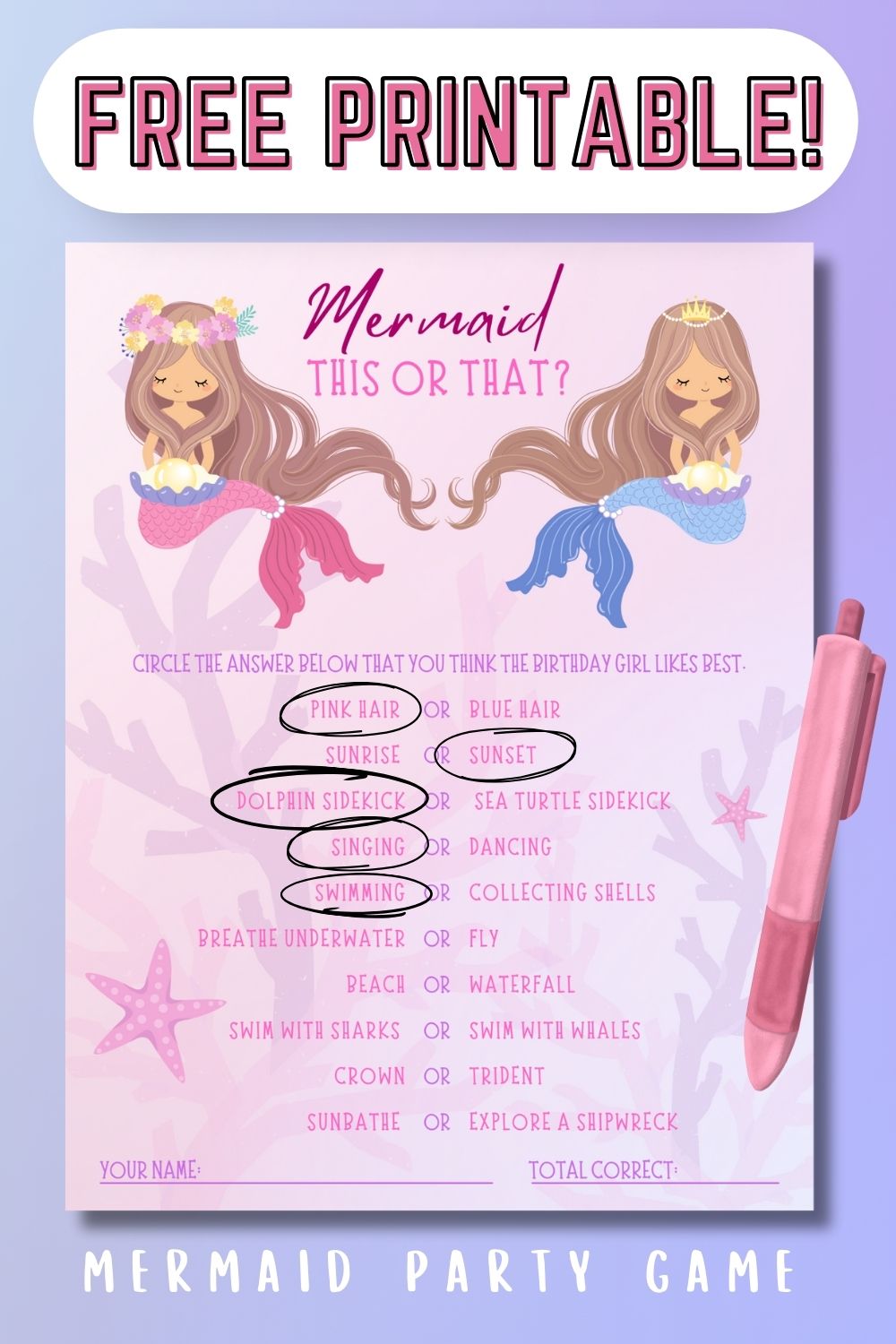 Mermaid This or That Printable Party Game for Kids Birthday