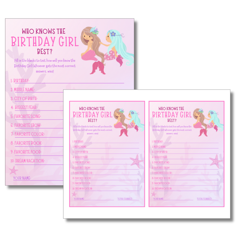 Who knows the Birthday Girl Best? Printable Party Games for a mermaid party