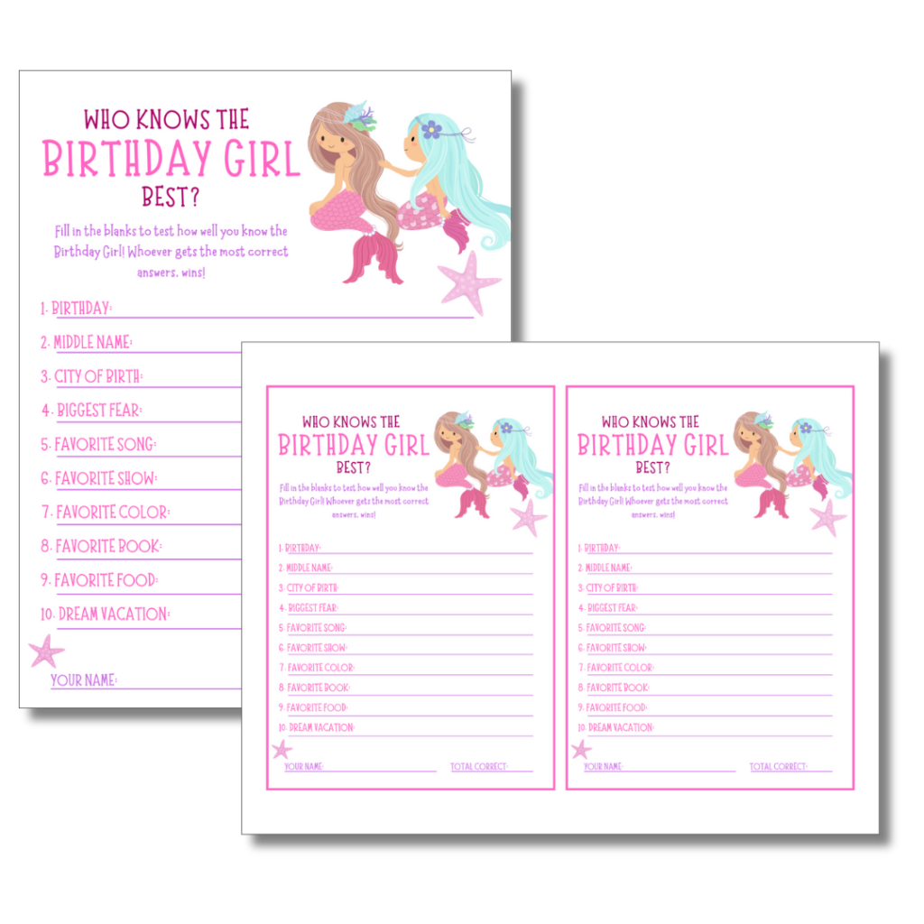 Who knows the Birthday Girl Best? Printable Games for a mermaid party