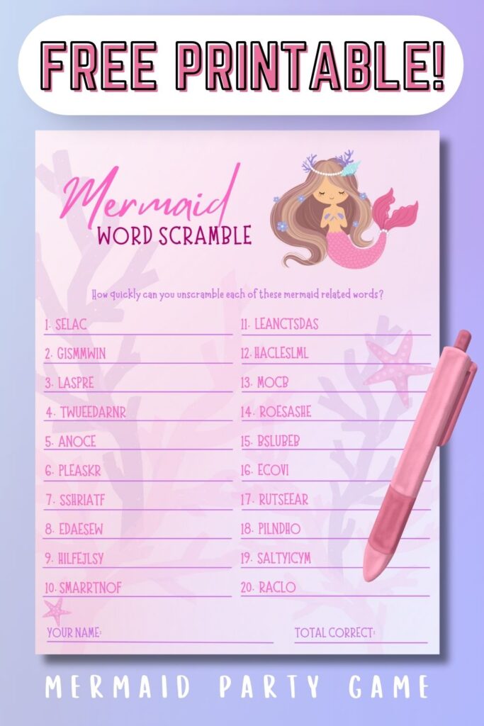 Word Scramble Free Mermaid Party Printable game