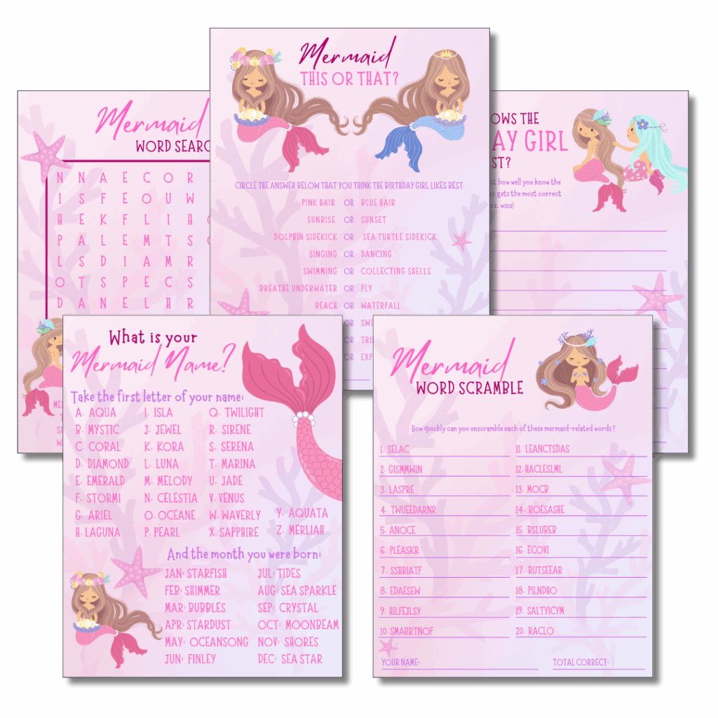 This FREE printable mermaid party game bundle contains a full color version of each game, printed on a full page.