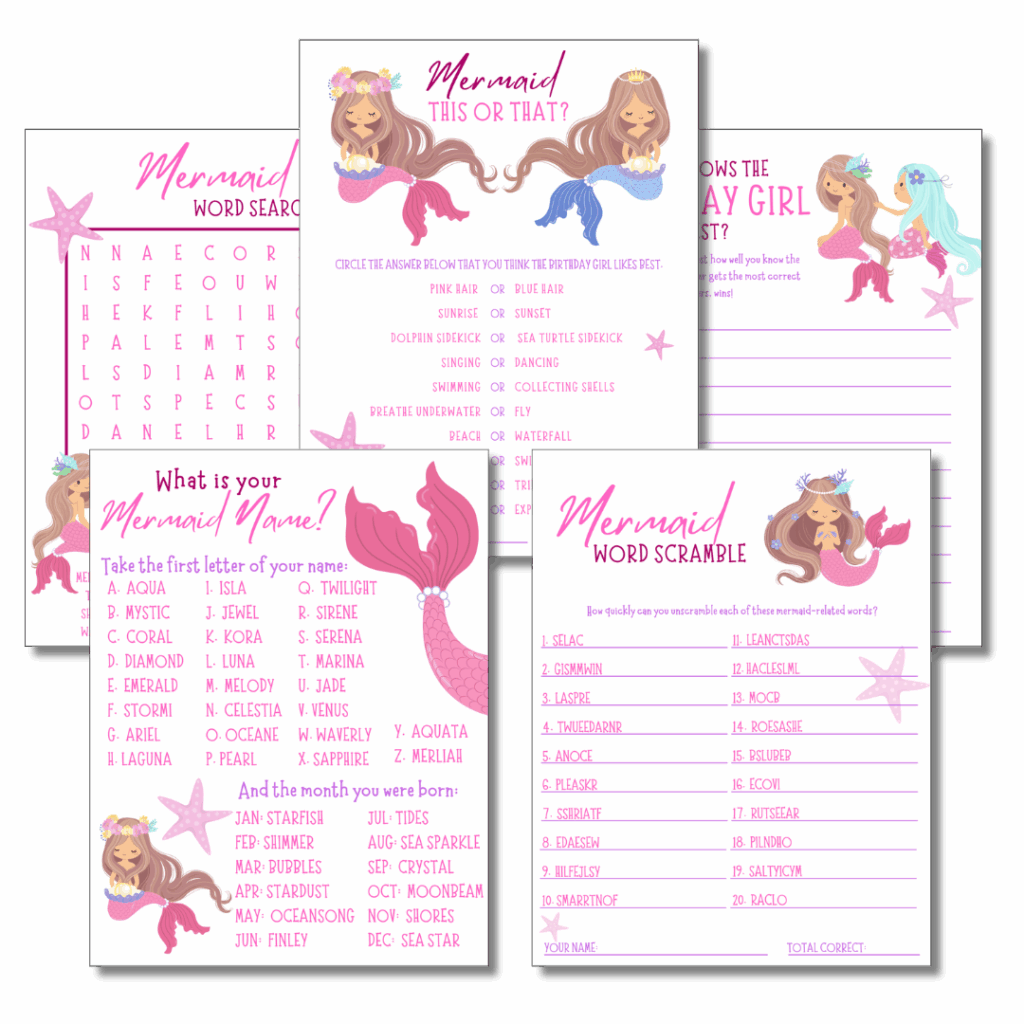 This FREE printable mermaid party game bundle contains an ink saving version of each game, printed on a full page.