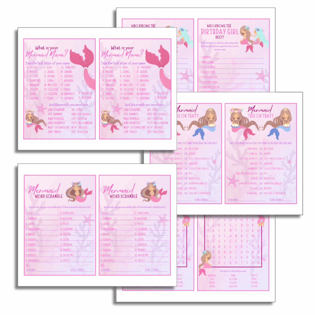 This FREE printable mermaid party game bundle contains a full color version of each game, printed 2 to a page.