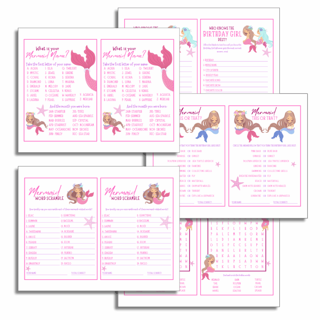 This FREE printable mermaid party game bundle contains a ink saving version of each game, printed 2 to a page.