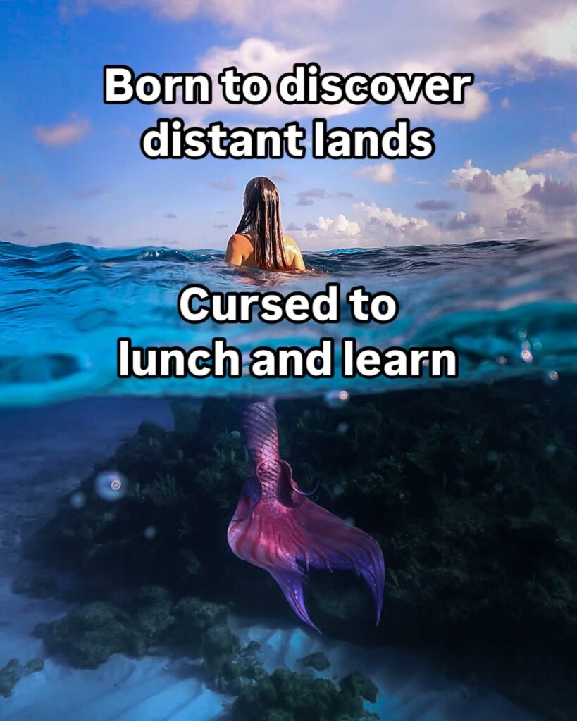 office-humor-mermaid-meme-born-to-cursed-to-lunch-and-learn Born to discover distant lands, cursed to lunch and learn. - Mermaid Memes / Office Humor